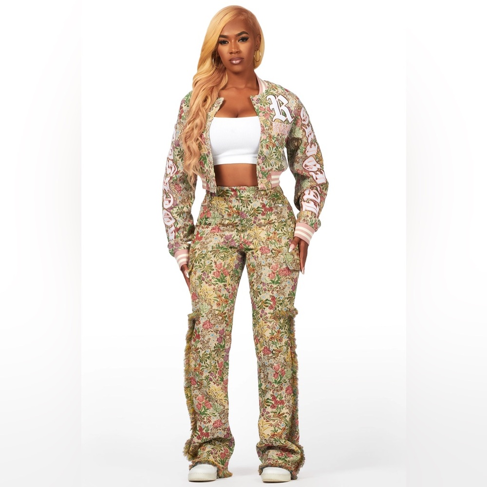 Tamia Beige Crop Tapestry Varsity Jacket & Stacked Pants…New - Picture 1 of 10